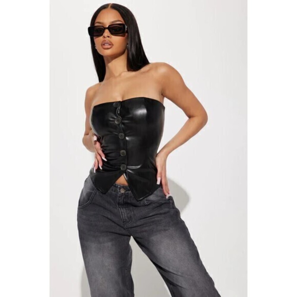 Button Up Strapless Faux Leather Top Black Size M RefM100